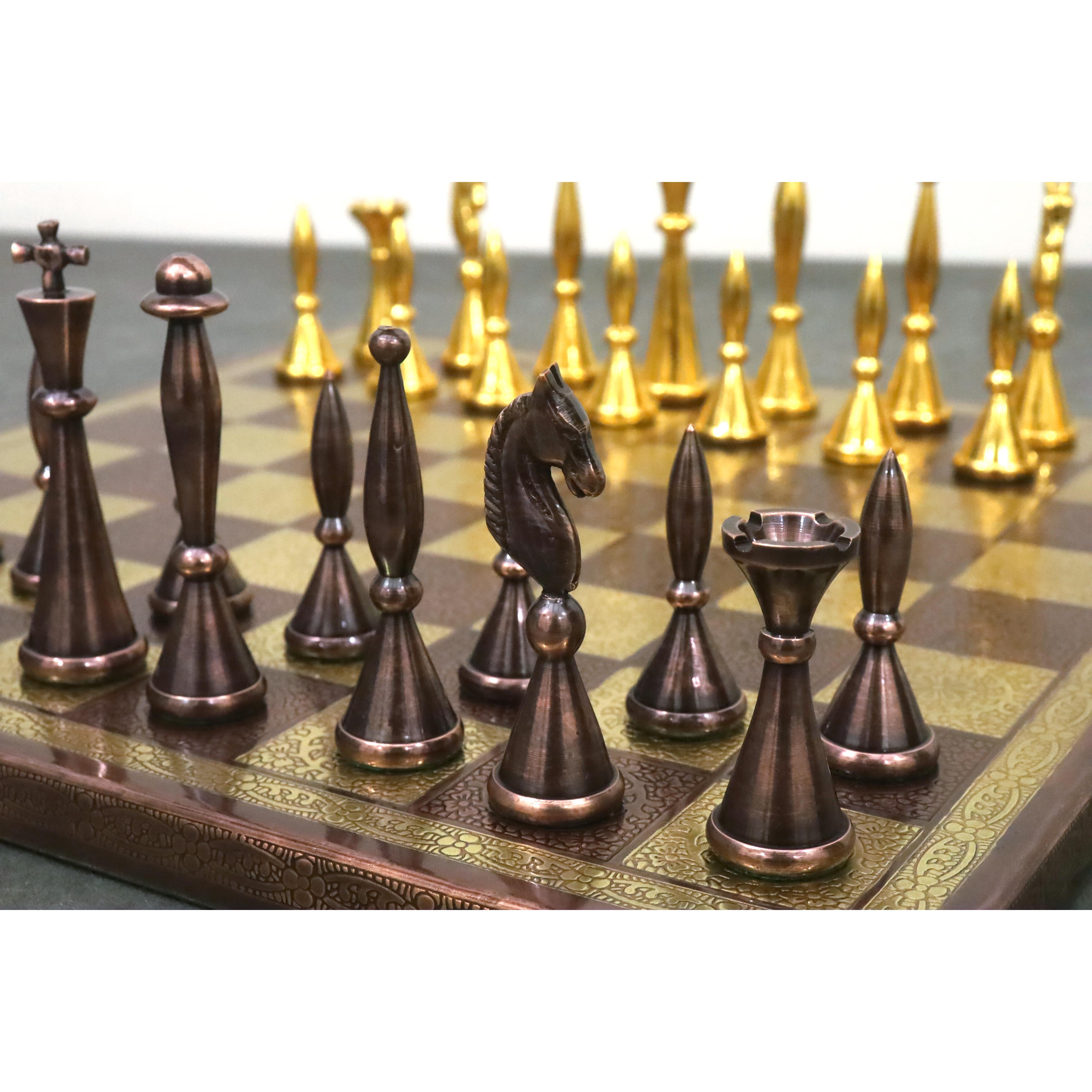 14" Brass Metal Modern Luxury Chess Pieces & Board Set- Antique Copper & Gold