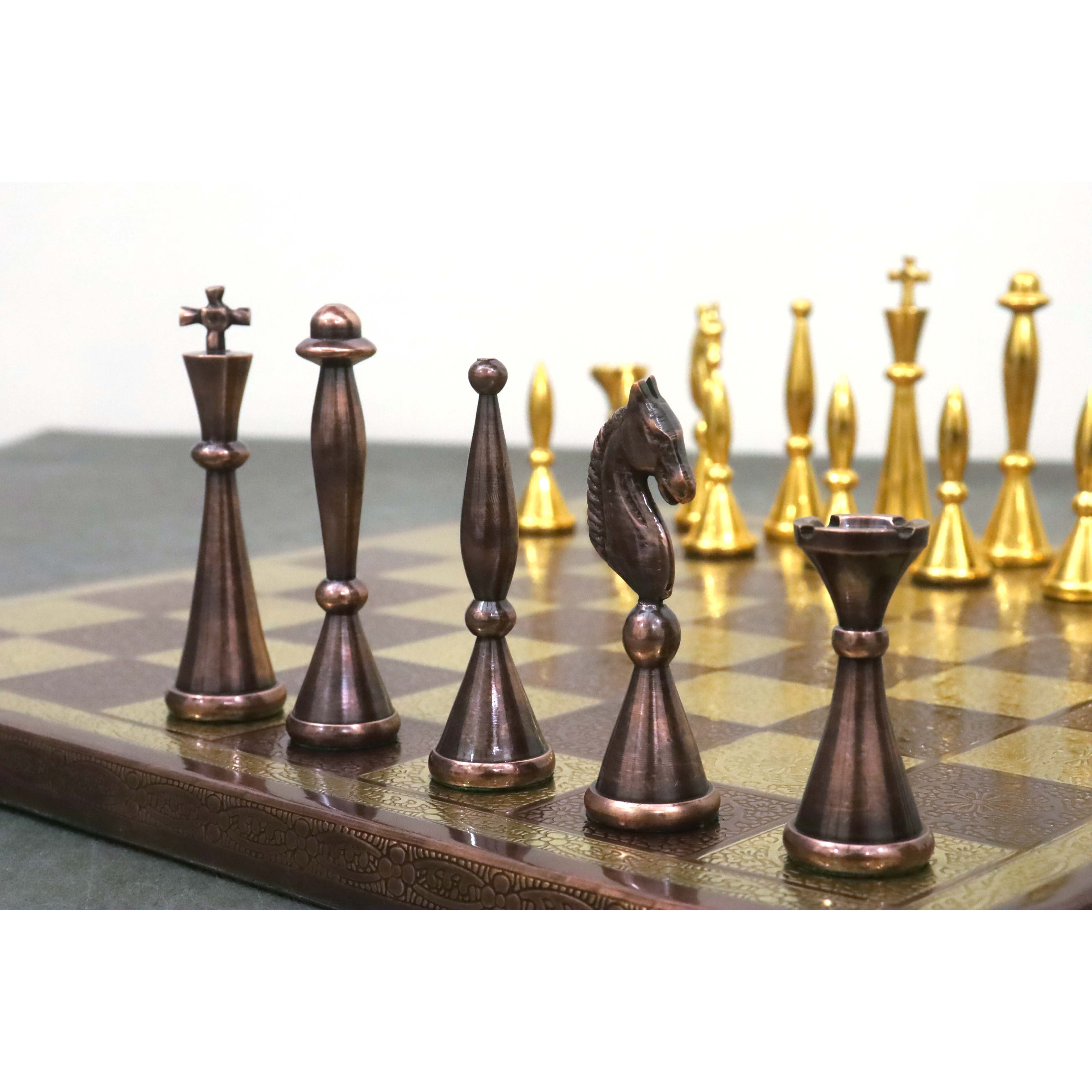 14" Brass Metal Modern Luxury Chess Pieces & Board Set- Antique Copper & Gold