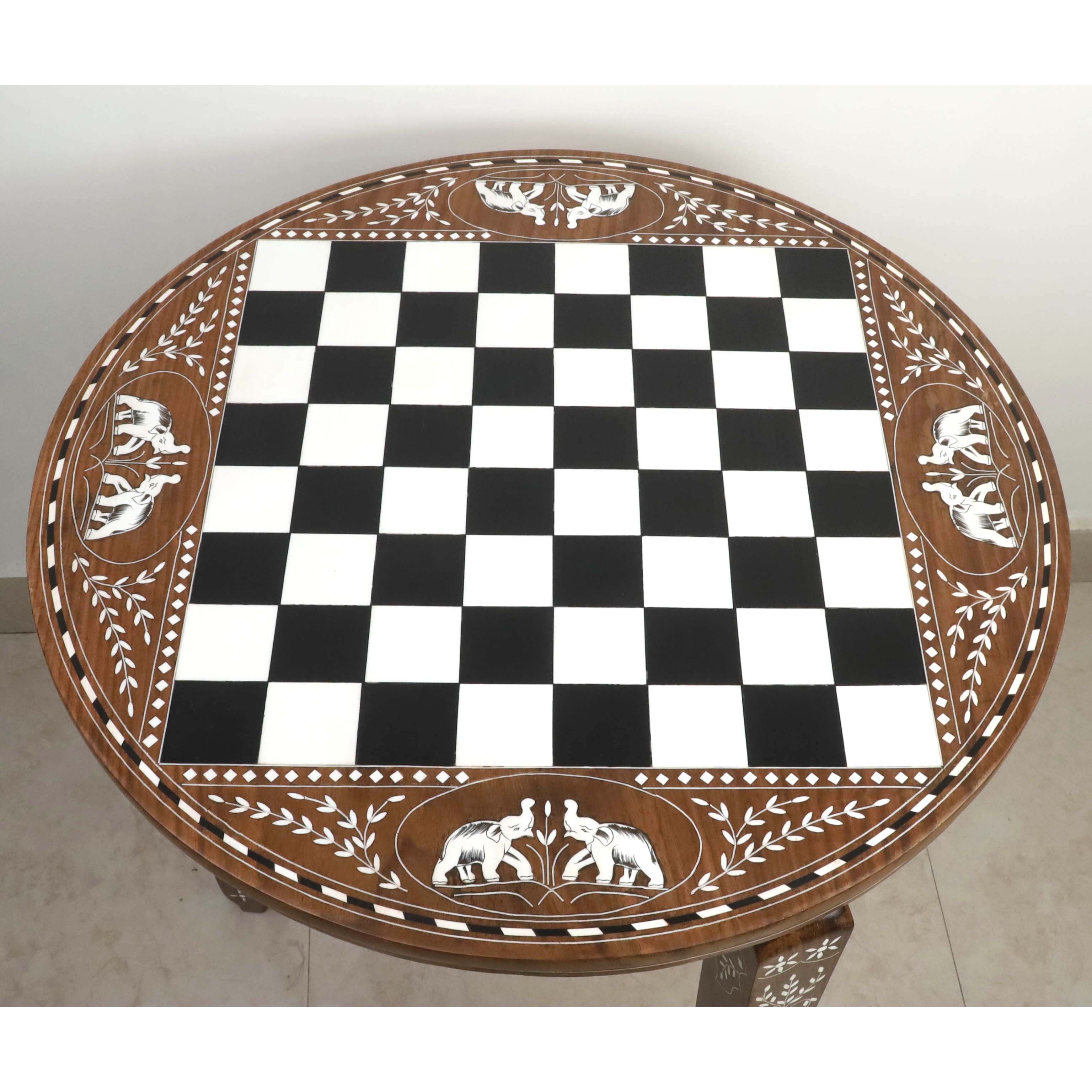 24" Boutique Luxury Round Chess Board Table with Staunton Chess Pieces - Weighted Ebonised Boxwood