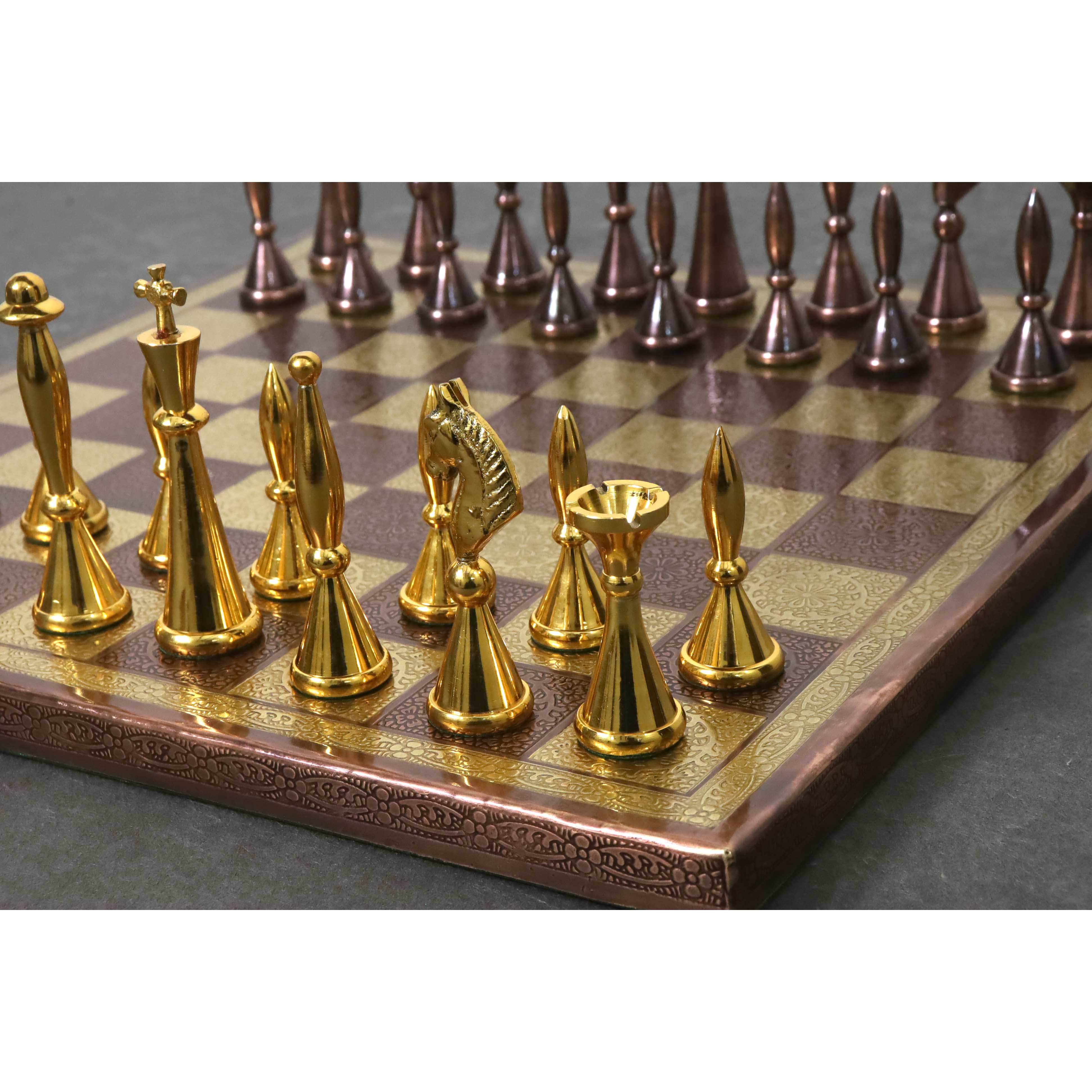 14" Brass Metal Modern Luxury Chess Pieces & Board Set- Antique Copper & Gold