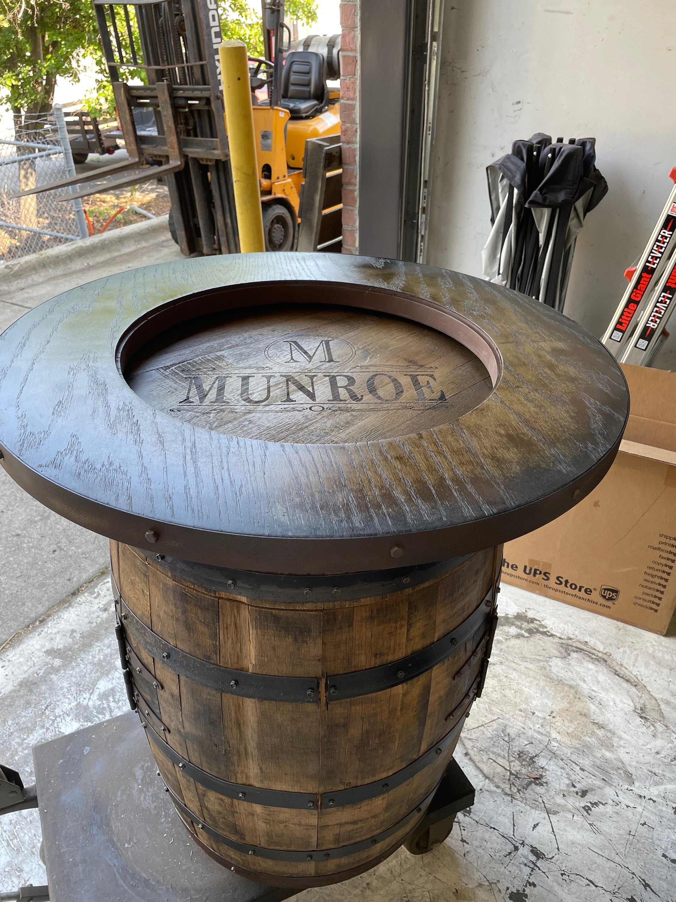 Custom made Bourbon Barrel Bistro/Pub Table Table with glass insert- Custom designed laser engraving available